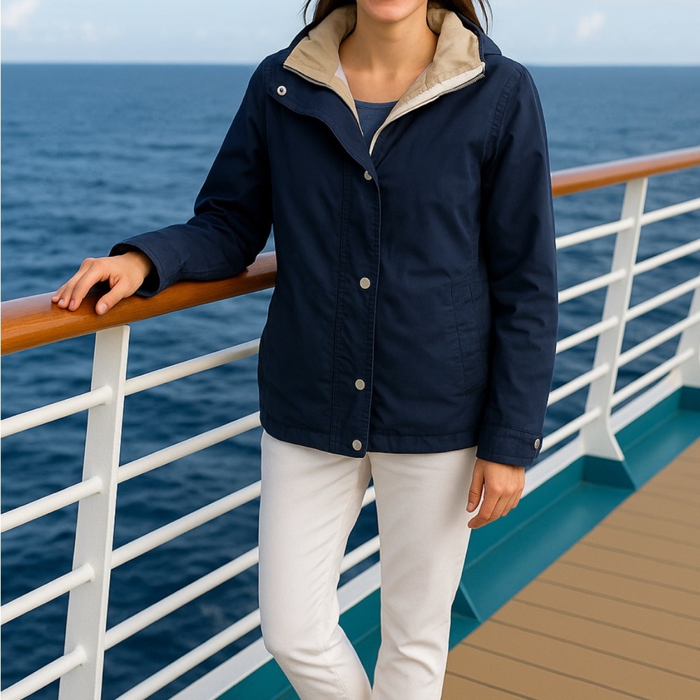 SOLD Tamer women's navy full-zip & snap hooded rain wind  coat Size Large